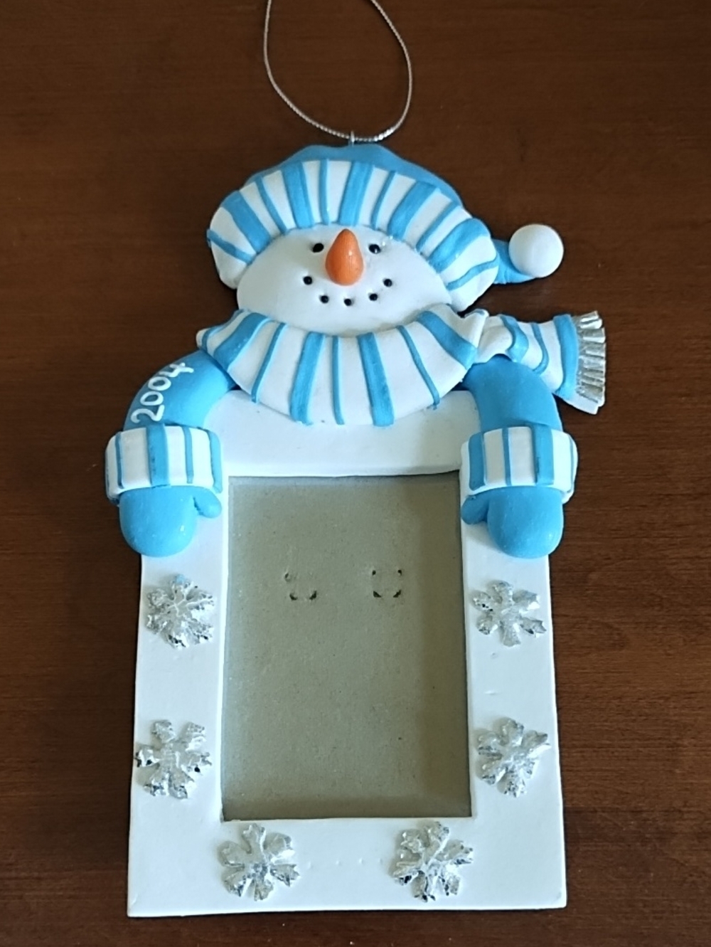 Blue Snowman Photo Frame Christmas Ornament 2004 4x7" Wallet Size Preloved
